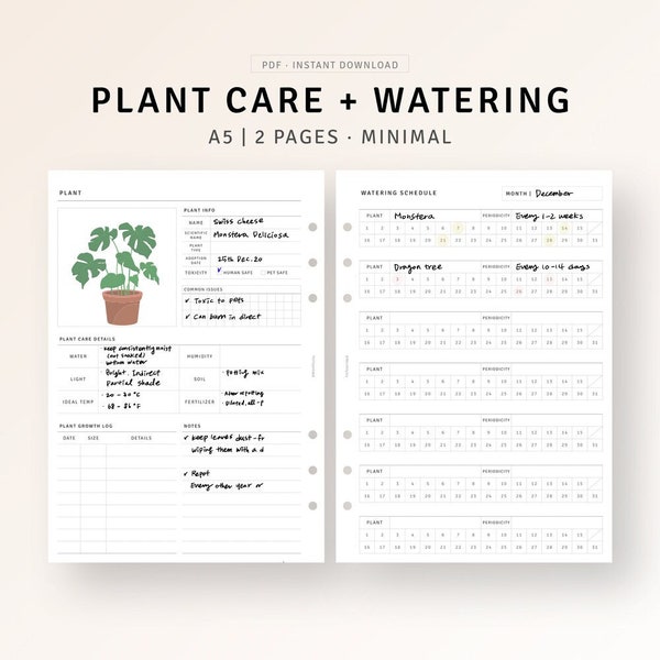 Planificateur de plantes, feuillets A5 imprimables, carnet de notes de jardin, calendrier d'arrosage des plantes, suivi de l'entretien des plantes d'intérieur, journal des plantes