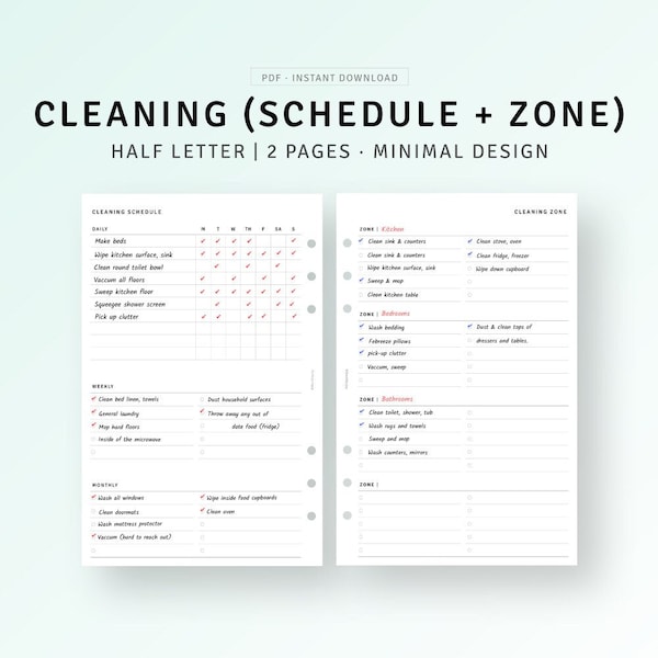 Cleaning Schedule Printable Half Letter Inserts, Zone Cleaning Weekly Daily Cleaning Planner, Household Binder, Cleaning Chore Routine Log