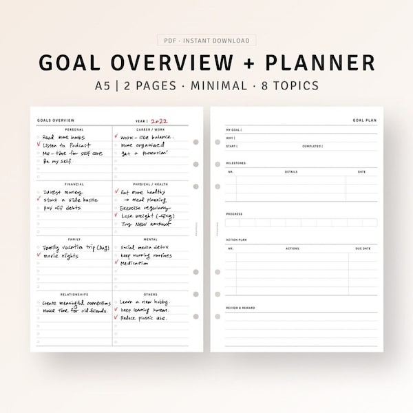 Goal Setting Planner Printable A5 Inserts, Life Goal Overview Template, Project Action Tracker, Yearly Goal Sheet, Challenge Progress Log