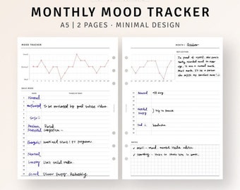 A5 size Monthly Mood Tracker Printable Minimal Planner Inserts for Mental Health, Self Care Graph, Daily Mood Log PDF, Instant Download
