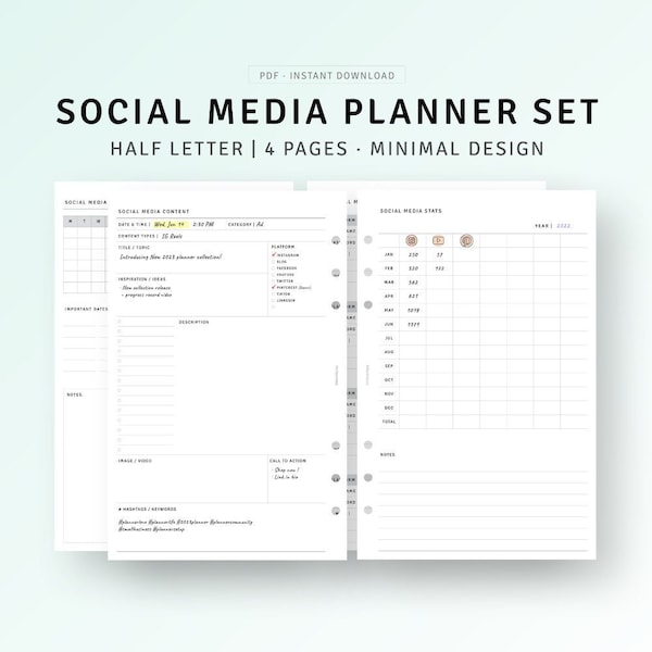 Social Media Post Planner Half-Letter Printable Instagram Youtube Content Planner Template for Influencer, Business Follower Stats Tracker