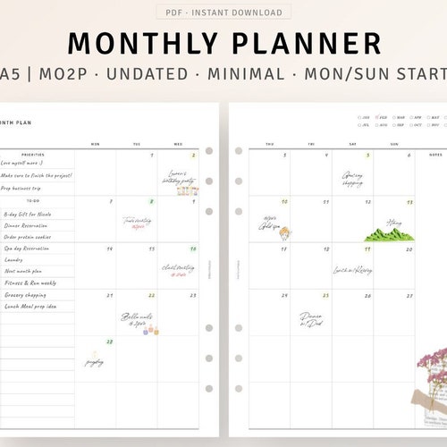 Monthly Planner Printable A5 Planner Inserts Undated Monthly - Etsy