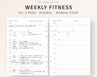 Weekly Fitness Tracker A5 Printable Planner Inserts, Daily Workout Calendar Template, Weight Loss Tracker, Fitness Exercise Planner Sheet