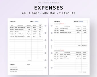 A6 Inserts Expense Tracker Printable Expenses Log Checklist Organizer,Spending List, Personal Expenses Planner, Monthly Expenses Template