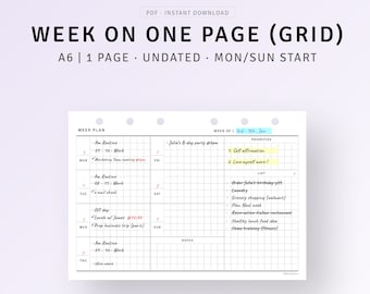 A6 Inserts, Weekly Planner Printable, Weekly Agenda Template, Week on One Page, To do list, Undated Weekly Organizer, Weekly Layout Refill