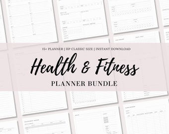 May include: A printable health and fitness planner bundle with 15+ pages. The pages include trackers for weight, food, sleep, steps, blood pressure, recipes, and more. The pages are designed in a minimalist style with a white background and black text.