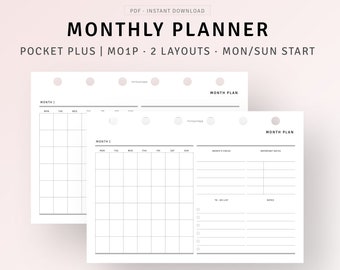 May include: A printable monthly planner with two different layouts. The planner is designed for pocket-sized notebooks and has a Monday start.