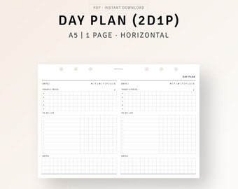 A5 Inserts, Daily Planner Printable Template, 2 Days on 1 Page, Undated Daily Agenda Organizer, To do list, Productivity Planner, Grid Notes