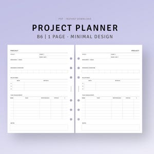 Puede incluir: Una plantilla de planificador de proyectos imprimible en blanco y negro con el texto "PROJECT PLANNER" en negrita en la parte superior. La plantilla está diseñada para un cuaderno de tamaño B6 e incluye secciones para el título del proyecto, la fecha de inicio, la fecha límite, los recursos, la descripción general del progreso, los hitos, la gestión de tareas y las notas.