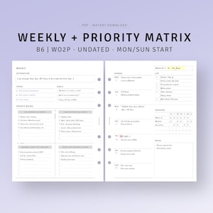 以下が含まれることがあります： B6サイズの印刷可能な週間および優先順位マトリックスプランナー。アファメーション、フォーカス、目標、議題、リストのセクションが含まれています。「WEEKLY + PRIORITY MATRIX」の文字が上部にあります。プランナーは日付なしで、月曜日または日曜日に始まります。