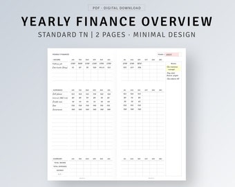 TN Standard | Yearly Finance Overview Printable Bill Organizer, Income Expense, Personal Finance, Money Budgeting Template, YO2P Inserts PDF