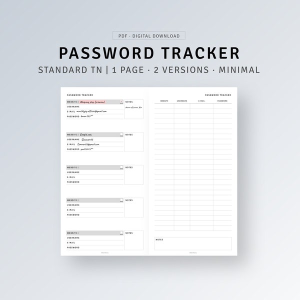 Password Tracker TN Standard Inserts Printable, Website Login Password Log Template, Account Username Organizer, Password Keeper Reminder