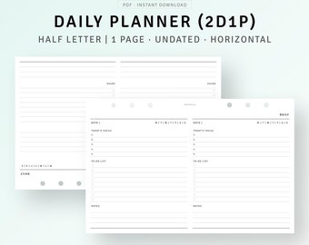 Planificador diario imprimible en blanco con páginas horizontales, 2 días en 1 página con lista de tareas, insertos de media letra, descarga instantánea en PDF.