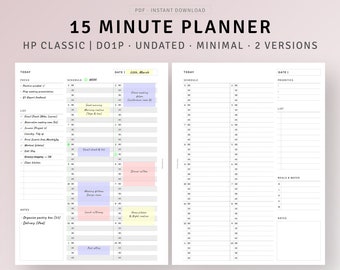 15 minuten planner afdrukbaar HP klassiek formaat, dagelijkse planner per uur, tijdblokkeringssjabloon, dagelijks schemaoverzicht, afspraaktracker