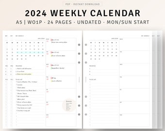 A5 Inserts | 2024 Weekly Planner PDF Printable Refill, Weekly Agenda Template, Weekly To do list, Week on 1 Page, Weekly Organizer Layout