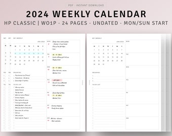 2024 Planner Weekly Calendar Template Printable HP Classic Inserts, Weekly Overview Layout, Weekly To do list, WO1P Inserts Digital Download