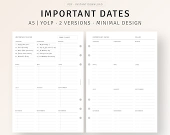 Yearly Important Dates Printable A5 Planner Inserts, Birthday Parties Anniversaries Tracker Template Yearly Event Overview, Year At A Glance