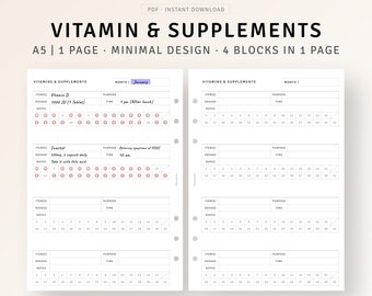Medication Log A5 Inserts Printable Vitamin Supplement Tracker, Daily Pill Tracker, Health Supplements Template, Supplements Journal Sheet