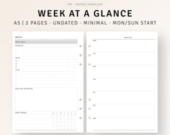 A5 Weekly Planner Inserts Printable Week on 2 Pages, Undated Weekly Agenda Organizer, To do list, Productivity Planner, Weekly Goals Layout