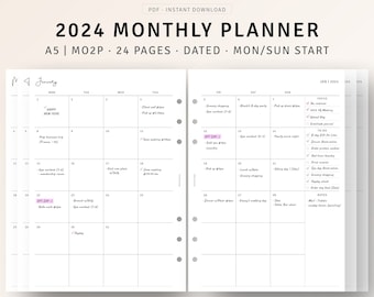 Calendrier mensuel 2024 avec inserts A5, imprimable, modèle de calendrier mensuel daté 2024 sur 2 pages, organisateur de calendrier simple, téléchargement numérique