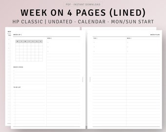 Week on 4 Pages Printable HP Classic Inserts, Undated Weekly Planner PDF Productivity Planner, Weekly To do list, Work Agenda Task Organizer