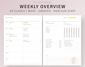 Weekly Overview Template HP Classic Inserts Printable Undated Weekly Agenda Organizer, Productivity Planner, To do list, WO2P Layout Sheet