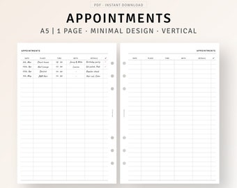 Appointments Tracker A5 Planner Printable Inserts, Appointment Planner, Work Meeting Agenda List, Beauty Appointment Reminder, Booking List