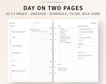 A5 Inserts, Day on Two Pages Printable Daily Planner Pages Template PDF, Undated Daily Agenda Organizer, To do list, Daily Schedule Timeline