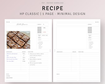 Recipe Journal Printable HP Classic Inserts, Food Recipe Template, Blank Recipe Page, Cook Book Planner, Minimal Recipe Form Card Organizer