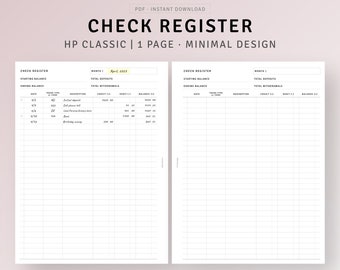 Check Book Register HP Classic Printable Inserts, Spending Log, Transaction Check Ledger, Bill Organizer, Finance Check Balance Tracker