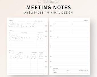 Notes de réunion A5 Planner Inserts imprimables, Page de notes de discussion, Modèle de procès-verbal de réunion, Feuille d'ordre du jour de réunion de travail, Planificateur de productivité