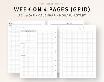 A5 Inserts | Week on 4 Pages Printable Undated Weekly Planner with Calendar, Weekly Agenda Overview, To do list, Hobo Style Weekly Layout