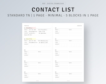 May include: A printable contact list template for a standard traveler's notebook. The template is designed to fit on one page and includes five contact blocks. Each block has space for a name, mobile number, email address, and notes.