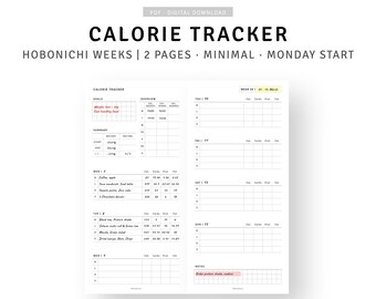 May include: A printable calorie tracker for Hobonichi Weeks planners. The tracker has a minimalist design and is formatted for a Monday start. The tracker includes sections for daily meals, calories, carbs, protein, and fat. It also includes a section for notes.
