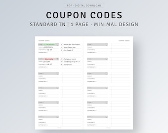 TN STANDARD | Gutscheincodes Tracker, Shopping Rabattcode Log Vorlage, Sale Checkliste, Shop Coupon Code List Organizer, Rabatt Tracker
