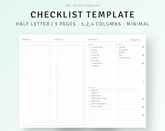 Checklist Template Printable Half-Letter Inserts, Task List, Get It Done List, Grocery Shopping List, To-do list, Brain Dump, Packing List