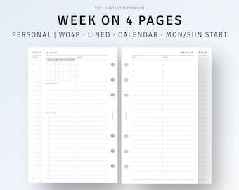 Personal, Week on 4 Pages Printable Undated Weekly Planner PDF, Week Calendar Template, To do list, Weekly Spreads Layout, Digital Download