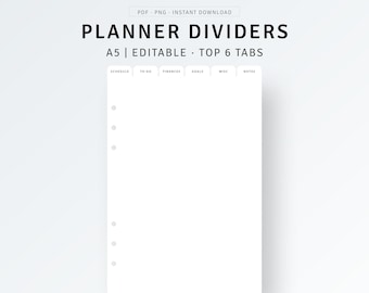 Editable A5 Planner Dividers Printable | PDF, PNG | A5 Planner Dividers Template, Planner Dashboard, Personalized Top Tab, Index Page Finder