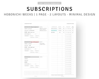 Subscription Tracker Hobonichi Weeks Inserts Printable Membership Bill Log Template Spending Tracker Sheet Payment Budget Checklist