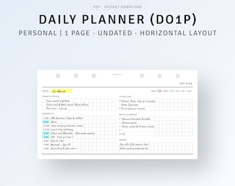 Le planificateur quotidien non daté insère une journée imprimable en anneau personnel sur une page, DO1P, Liste de tâches, Planificateur de productivité, Recharges de page de présentation de la journée vierge