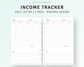 Income Tracker Printable Half-Letter Planner Inserts, Finance Planner Template PDF, Simple Money Income Overview Worksheet, Digital Download