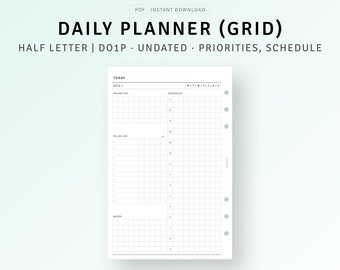 May include: A black and white printable daily planner with a grid layout. The planner is designed for half letter size paper and includes sections for priorities, schedule, to-do list, and notes.