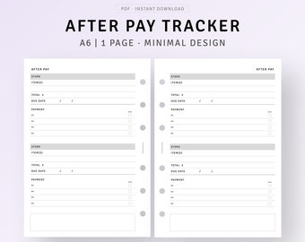 After Pay Tracker A6 Planner Inserts Printable Payment Reminder, Personal Finance Spending Tracker, After Payment Template, Digital Download