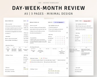 A5 Daily Review Weekly Reflection Monthly Assessment Template Printable Gratitude Journal, Weekly Summary Evaluation Sheet, Digital Download