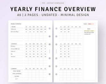 A6 Inserts, Yearly Finance Overview Template Printable Bill Organizer, Income Expense Tracker, Annual Spending Tracker PDF, Instant Download