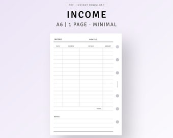 A6 Ring, Income Tracker Printable Monthly Income Planner, Personal Finance Tracker, Simple Money Planner, Income Organizer, Digital Download