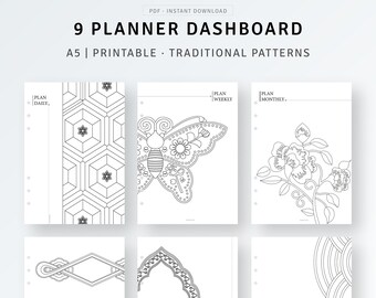 Planner Dashboard A5 Inserts Printable Dividers, Traditional Pattern Planner Cover, Flower Butterfly Black and White, Digital Download PDF