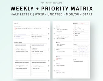 Undated Weekly Planner Half Size Printable Weekly Agenda with Priority Matrix, WO2P Inserts, Productivity Planner, Weekly Template Sheet