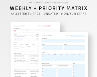 Weekly Planner + Priority Matrix Printable A4/Letter Fillable Weekly Overview Sheet, Productivity Planner, Time Blocking Page, To-do list