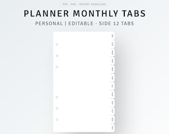 Personal | Planner Monthly Dividers Printable, PDF, PNG, Binder Monthly 12 Side Tabs, Editable Dividers Template, Fillable Index Page Finder